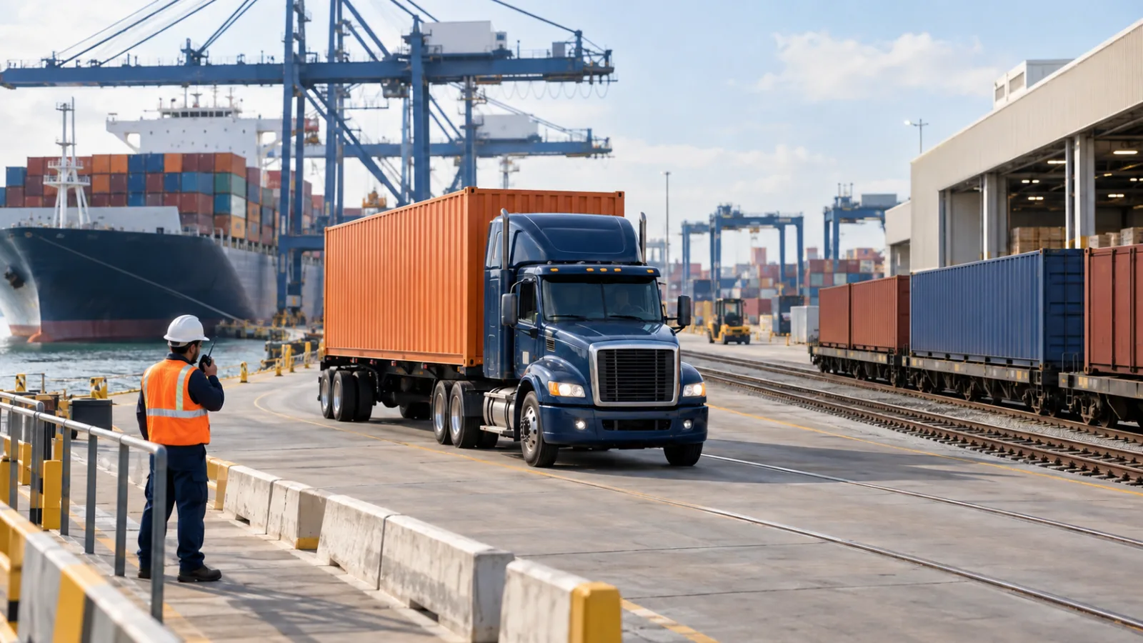A container truck moving through a port beside rail freight and a cargo ship
