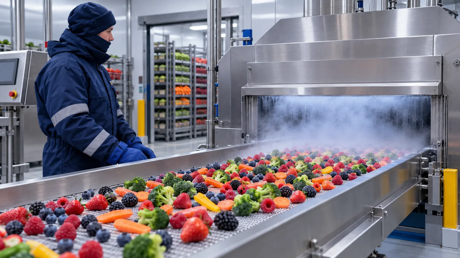 Fruit and vegetables passing through a freezing tunnel under a worker's supervision