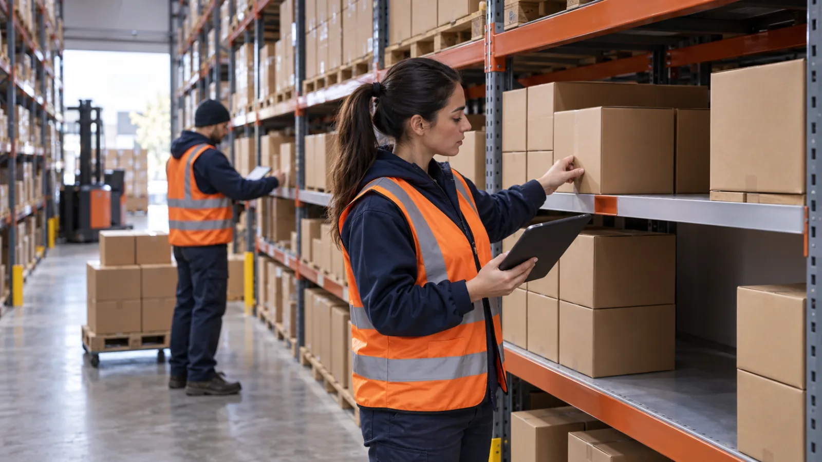 Warehouse associates counting cartons on shelves and recording inventory on tablets