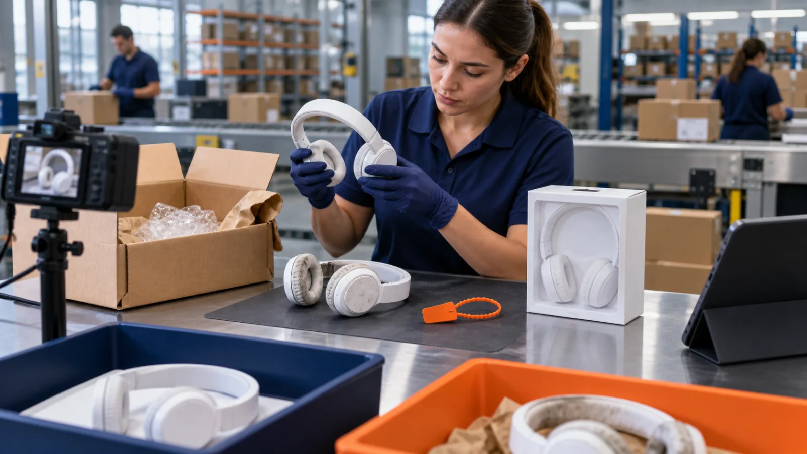 A returns inspector examining headphones while a camera records the inspection