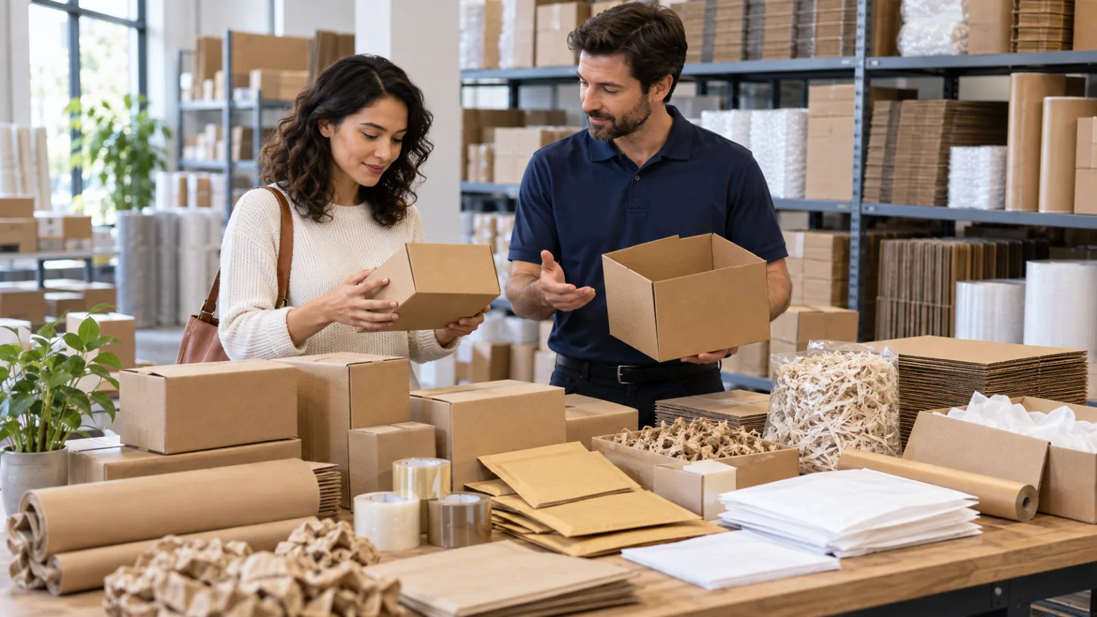 Two business owners comparing cartons, mailers and protective shipping materials