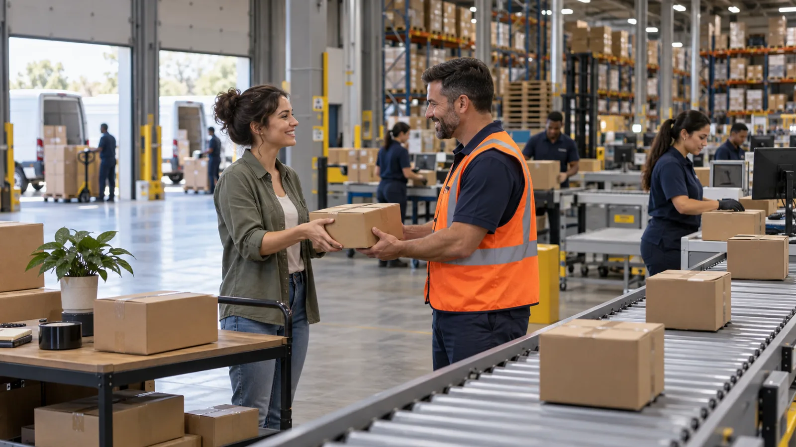 A business owner handing a parcel to a fulfillment specialist inside a warehouse