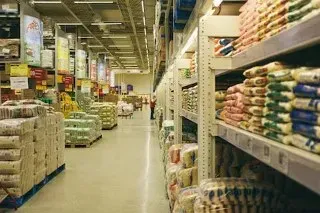 Warehouse aisle stocked with packaged goods