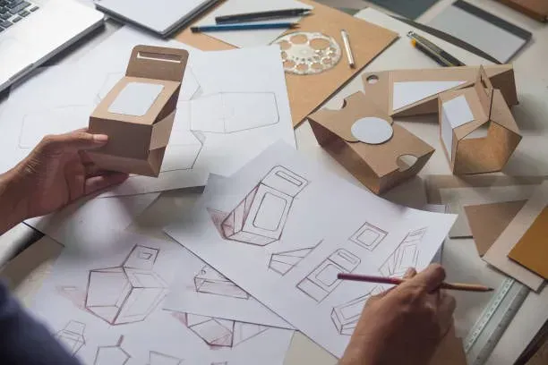 Designer sketching packaging beside cardboard box prototypes