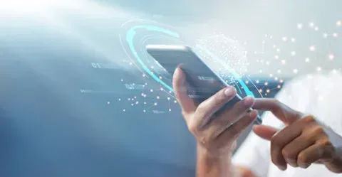 Person using a smartphone with a digital connection graphic