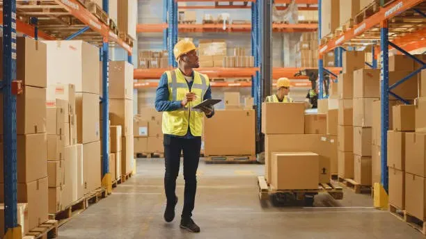Warehouse worker checking a tablet in an aisle of palletized goods