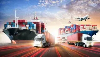 Montage of cargo ships, freight trucks, and an aircraft