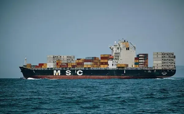 Container ship transporting freight at sea