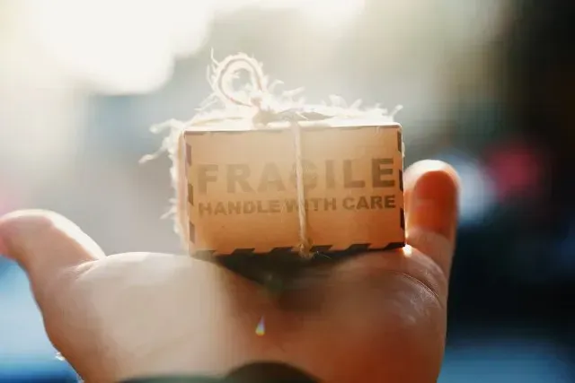 Small parcel marked Fragile and Handle with Care resting in a hand