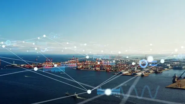 Aerial view of a port with a digital logistics network overlaid