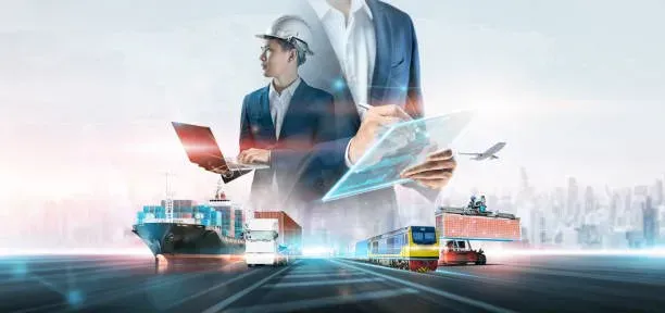 Logistics workers using a laptop and tablet above a montage of freight transport