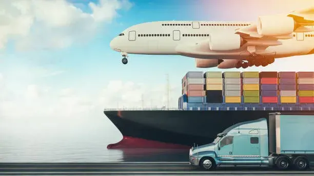 Illustration combining an aircraft, container ship, and freight truck