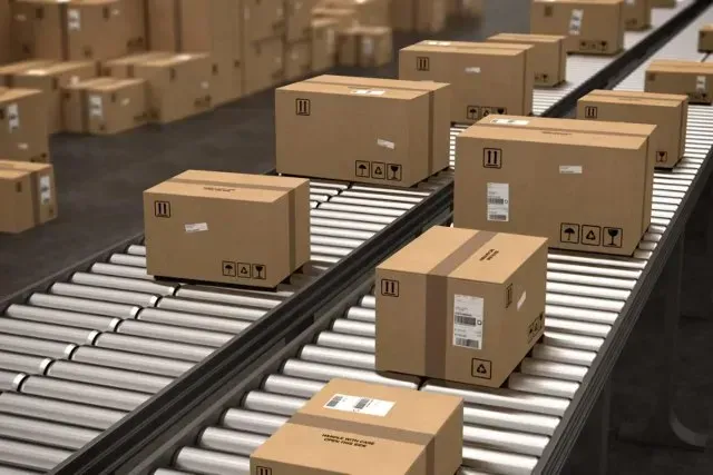 Cardboard parcels moving along roller conveyors
