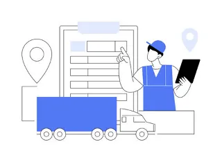 Illustration of a delivery worker, checklist, and shipping vehicles