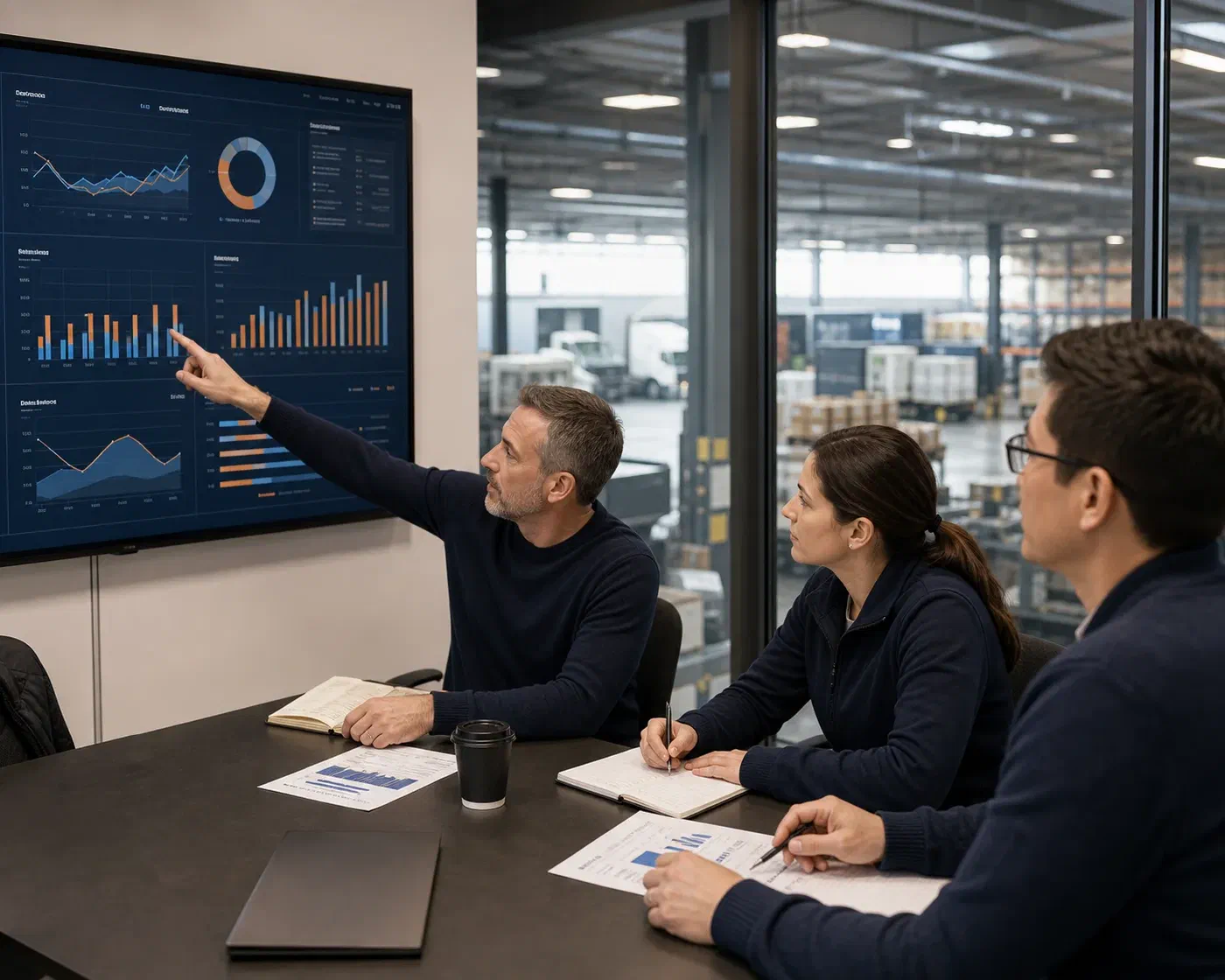 A logistics team reviewing carrier service, cost and exception trends