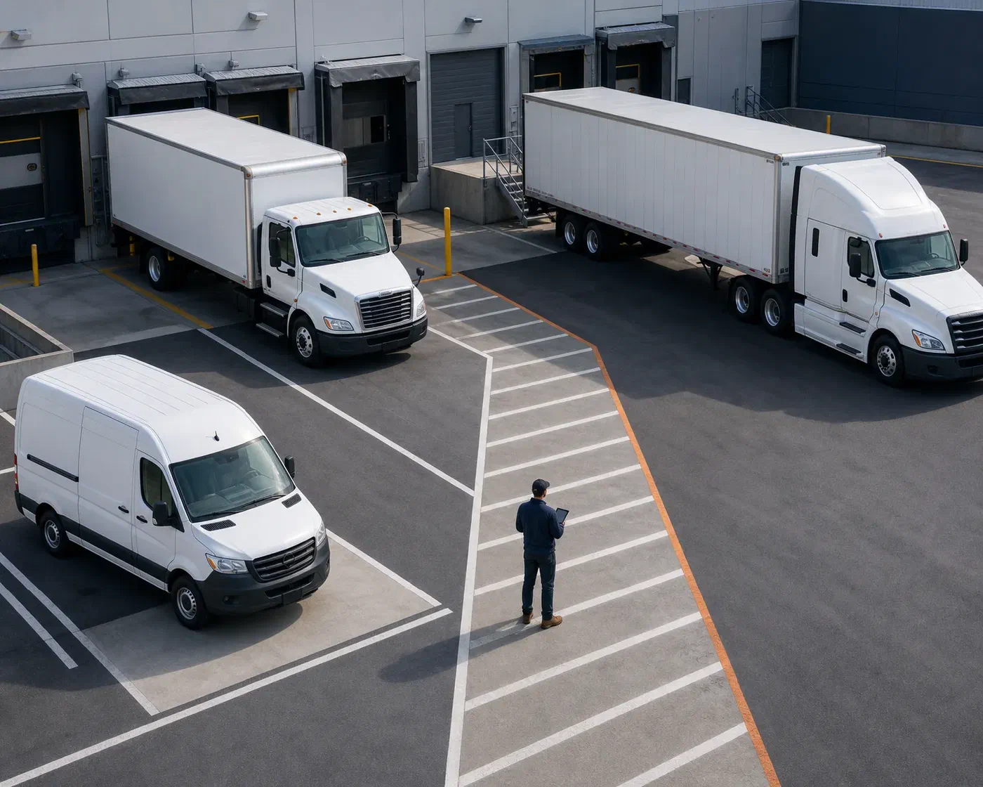 A parcel van, straight truck and tractor-trailer assigned to separate dock areas