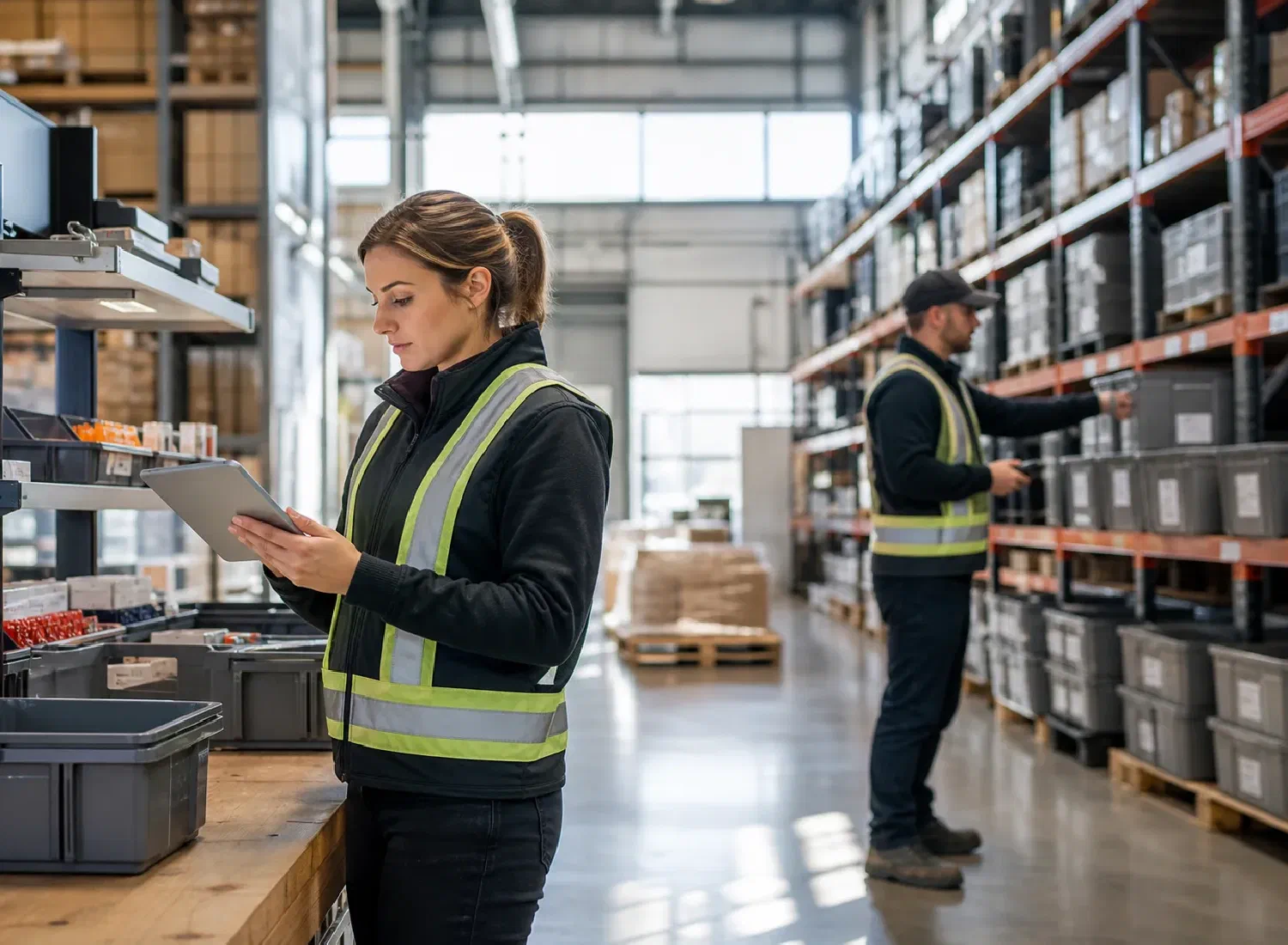 Warehouse professionals managing centralized inventory with connected visibility