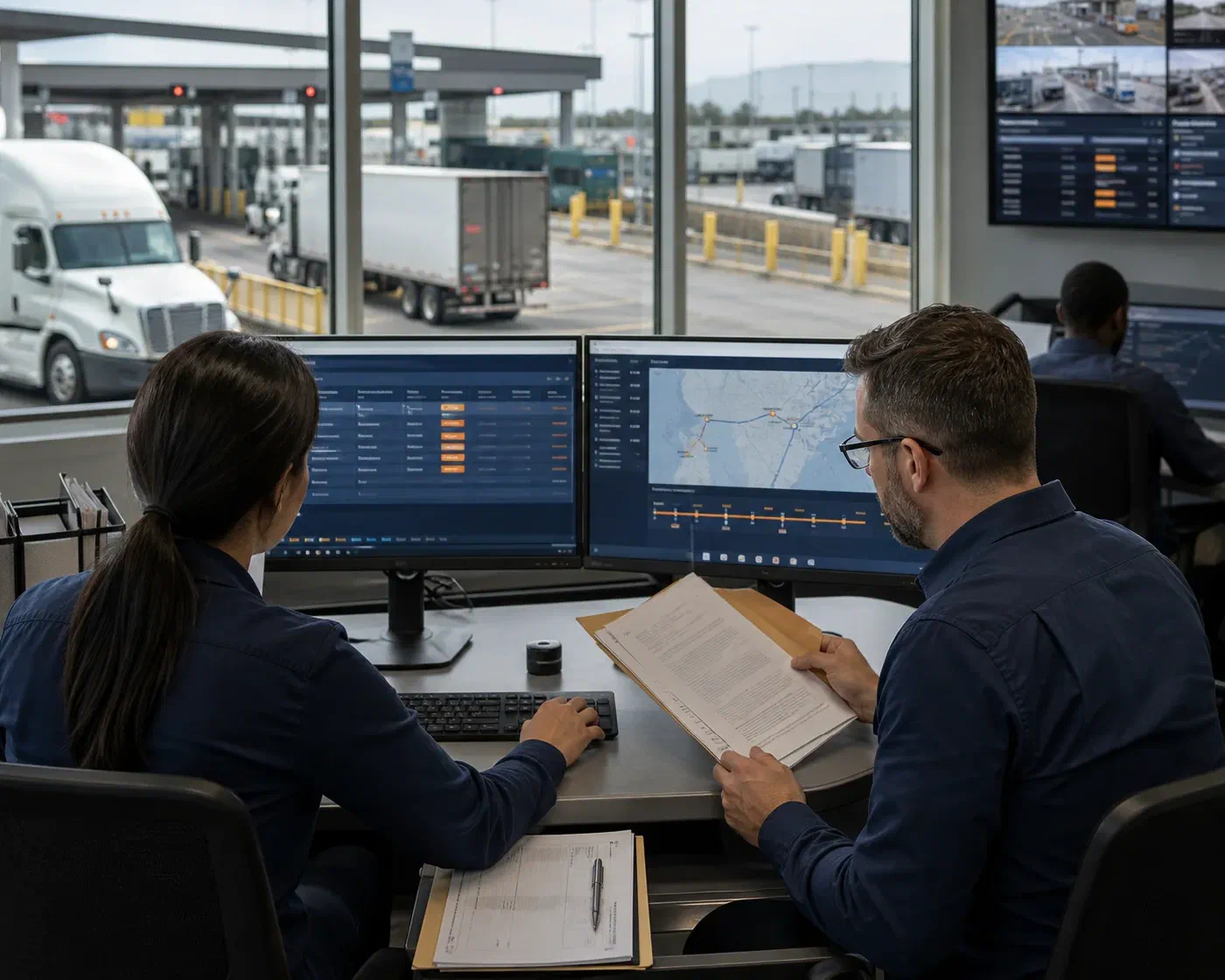 Cross-border logistics professionals coordinating shipment documents and border status