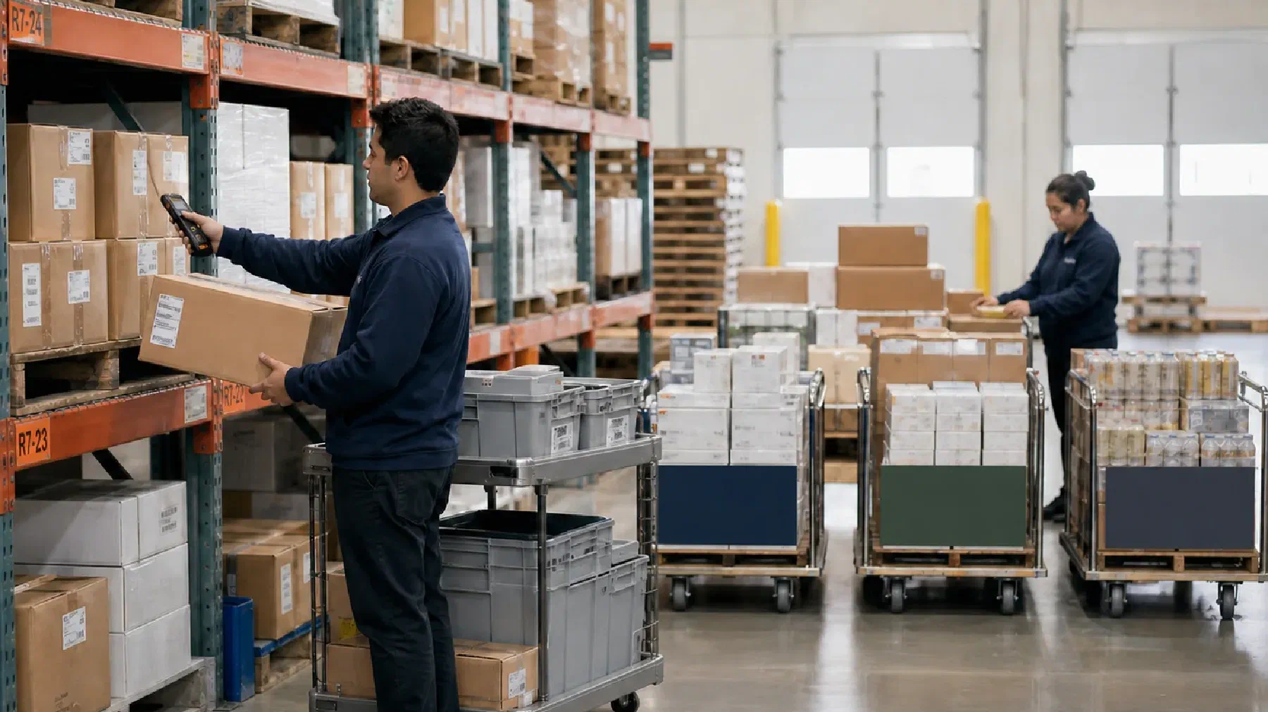 Warehouse professionals organizing inventory for national distribution