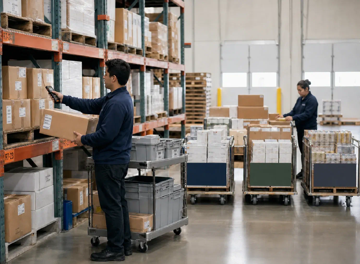 Warehouse professionals organizing inventory for national distribution