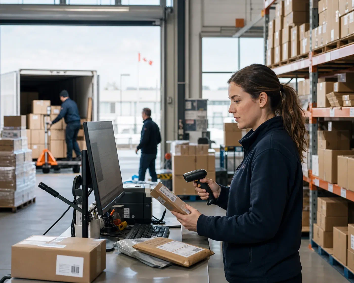 A warehouse specialist scanning an order at a connected shipping station