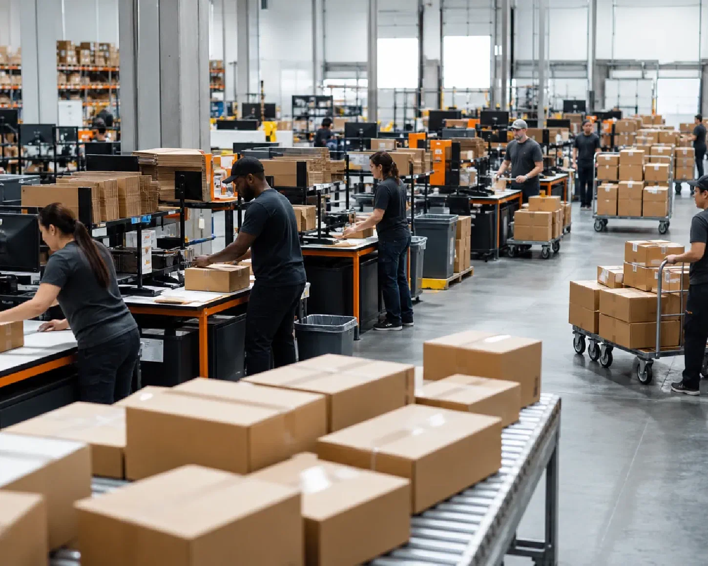 A fulfillment team preparing a high volume of e-commerce orders for peak season