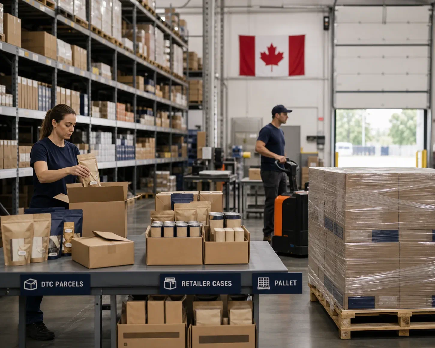 Shelf-stable food and beverage products being prepared as parcels, cases and pallets