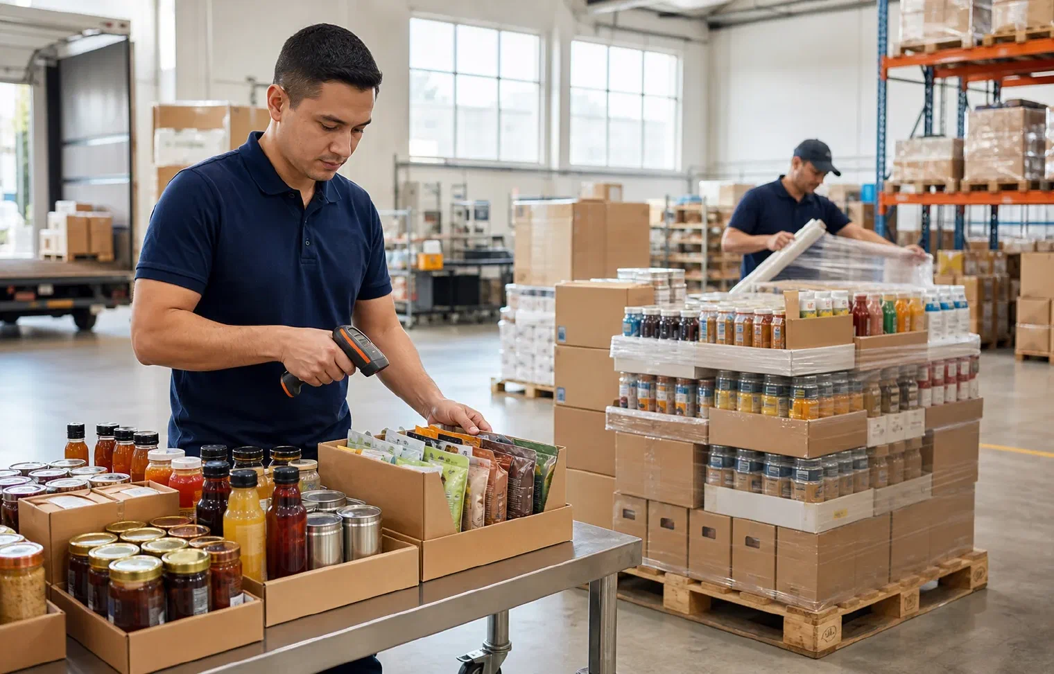 Specialists scanning packaged foods and preparing beverage and grocery cases for distribution