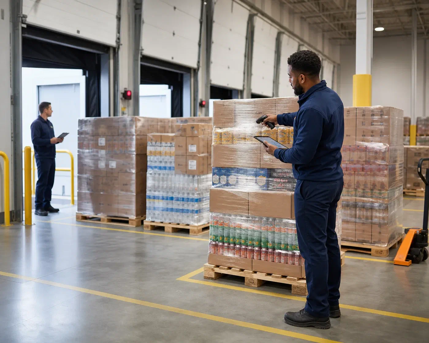 A logistics coordinator scanning a packaged beverage pallet in an outbound staging lane