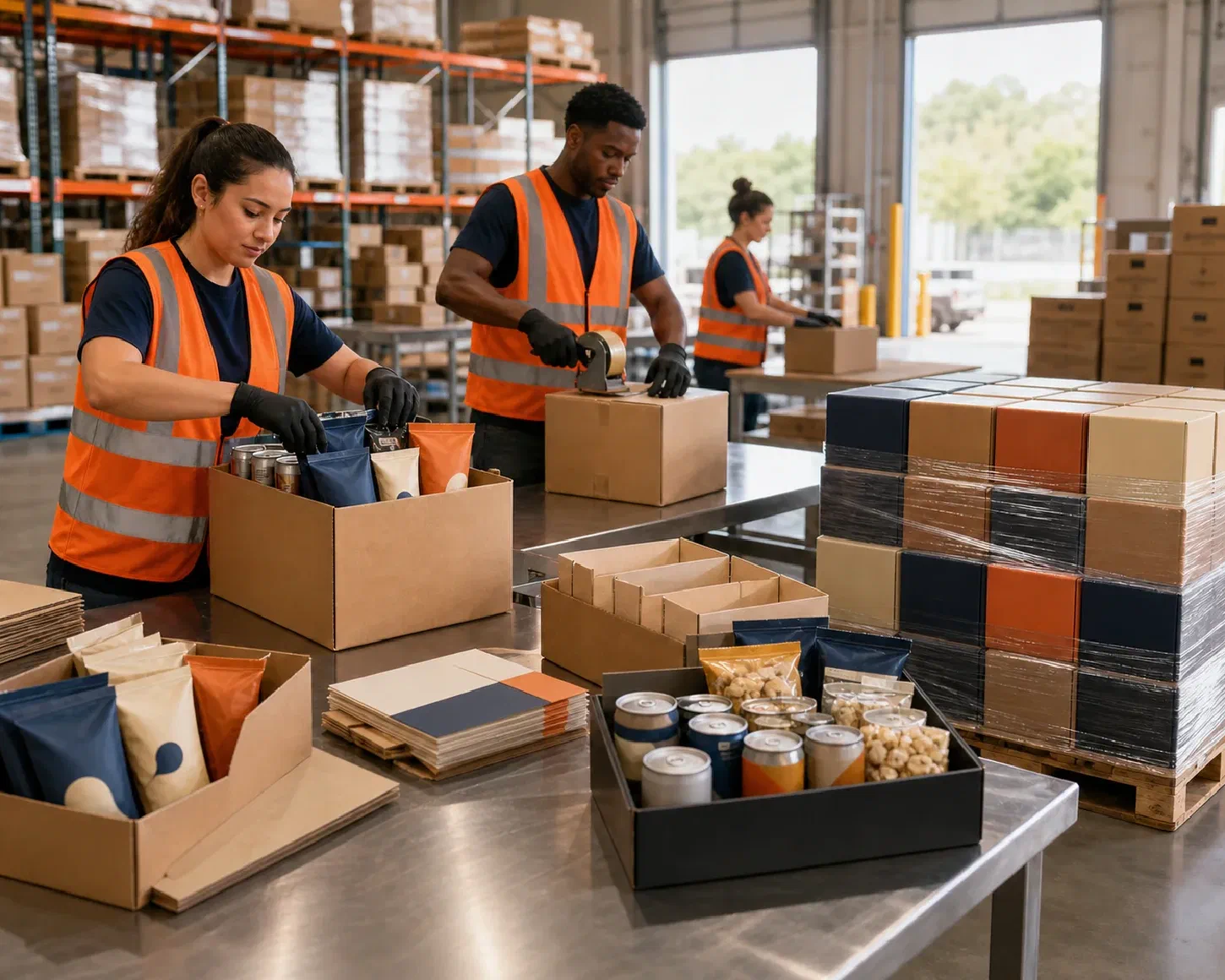 Sealed food and beverage products being assembled into variety packs and retailer-ready cases