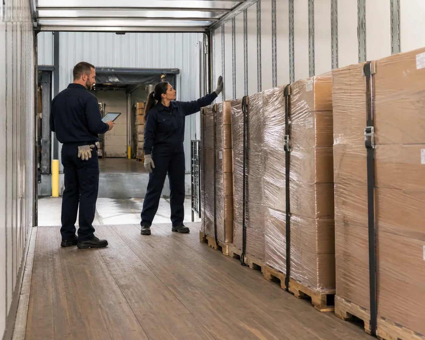 Two truckload specialists checking pallet clearance and available trailer space