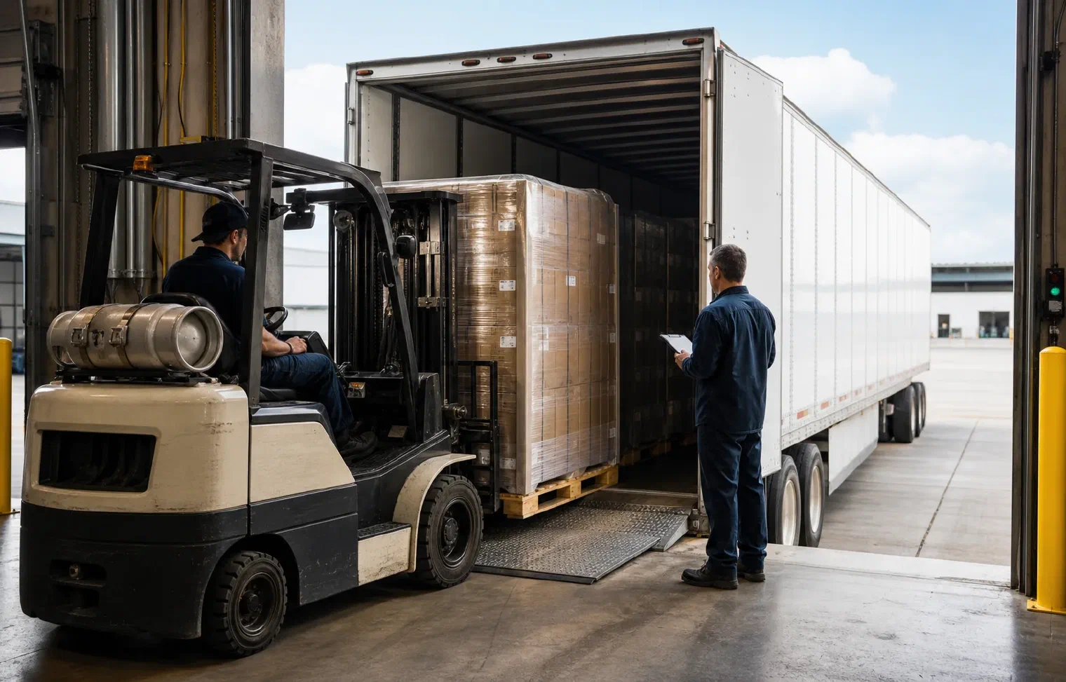 A forklift operator loading secured pallets into a dedicated dry-van trailer