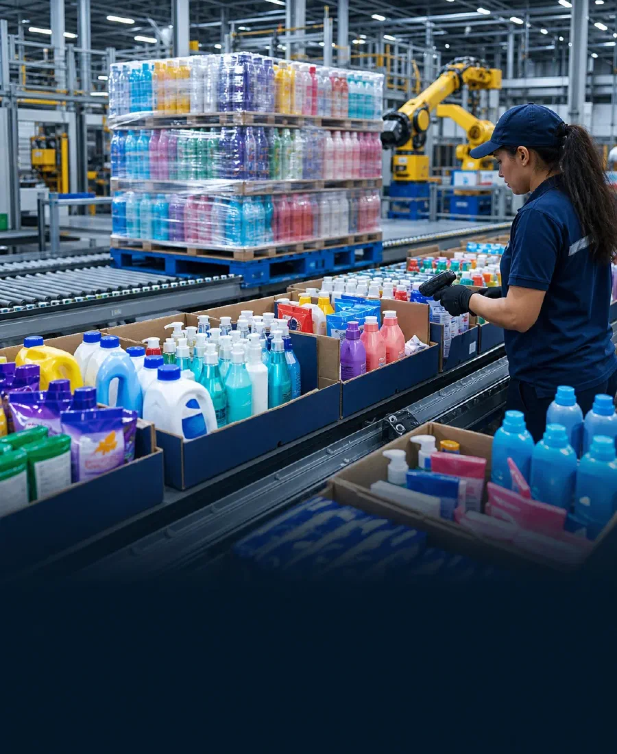 A warehouse associate scanning packaged household products on a conveyor