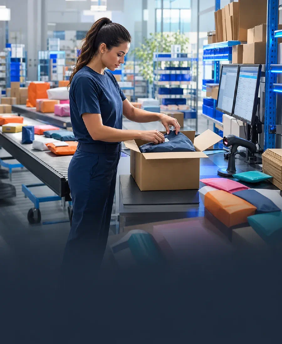 A fulfillment associate packing clothing beside an order conveyor