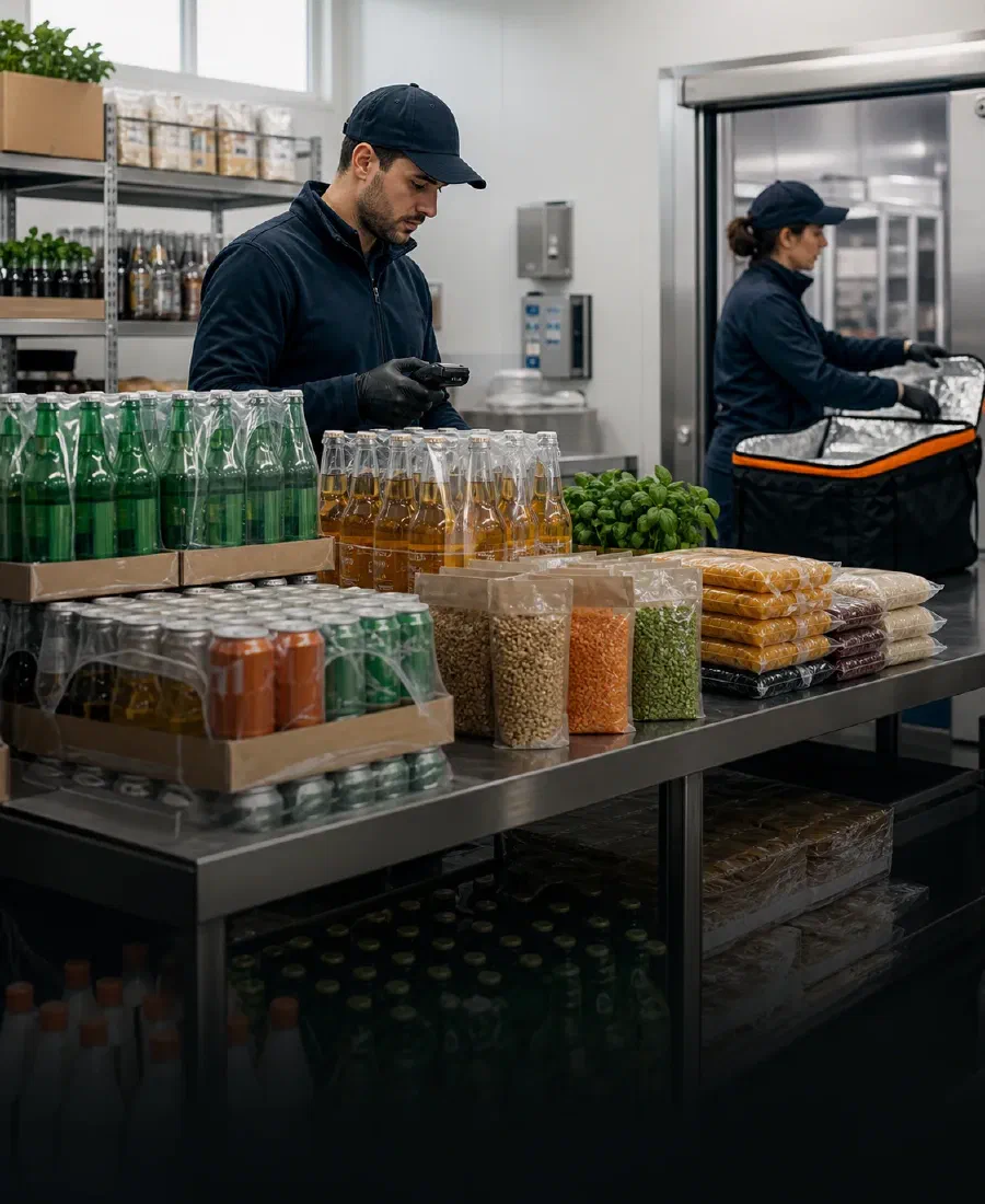 A team scanning drinks and packing food beside refrigerated storage