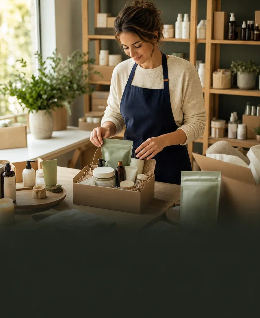 An associate arranging personal-care products in a gift box