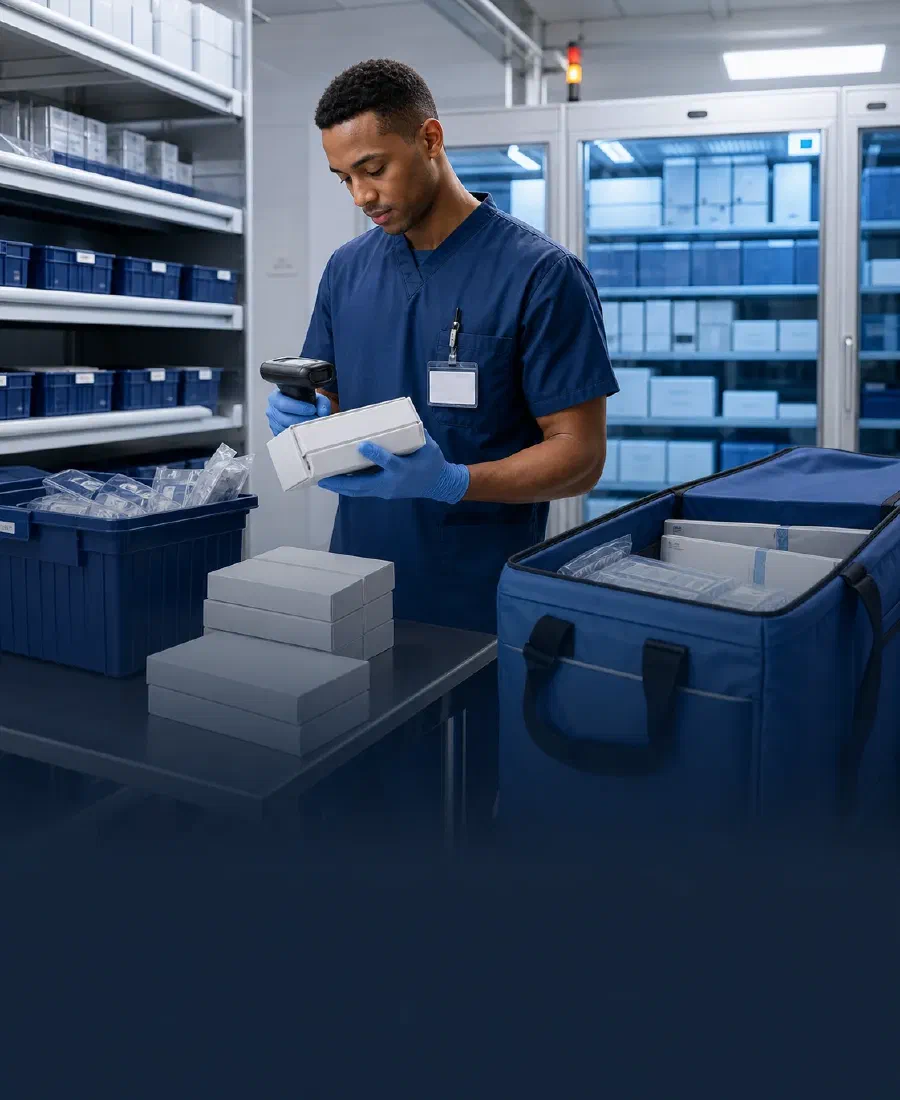 A healthcare worker scanning a boxed product beside an insulated carrier