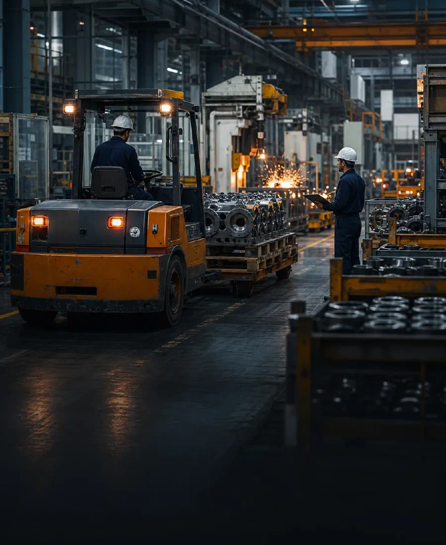 A forklift moving metal components through a manufacturing facility
