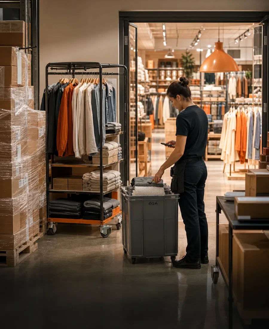 A retail associate checking clothing inventory in a store stockroom
