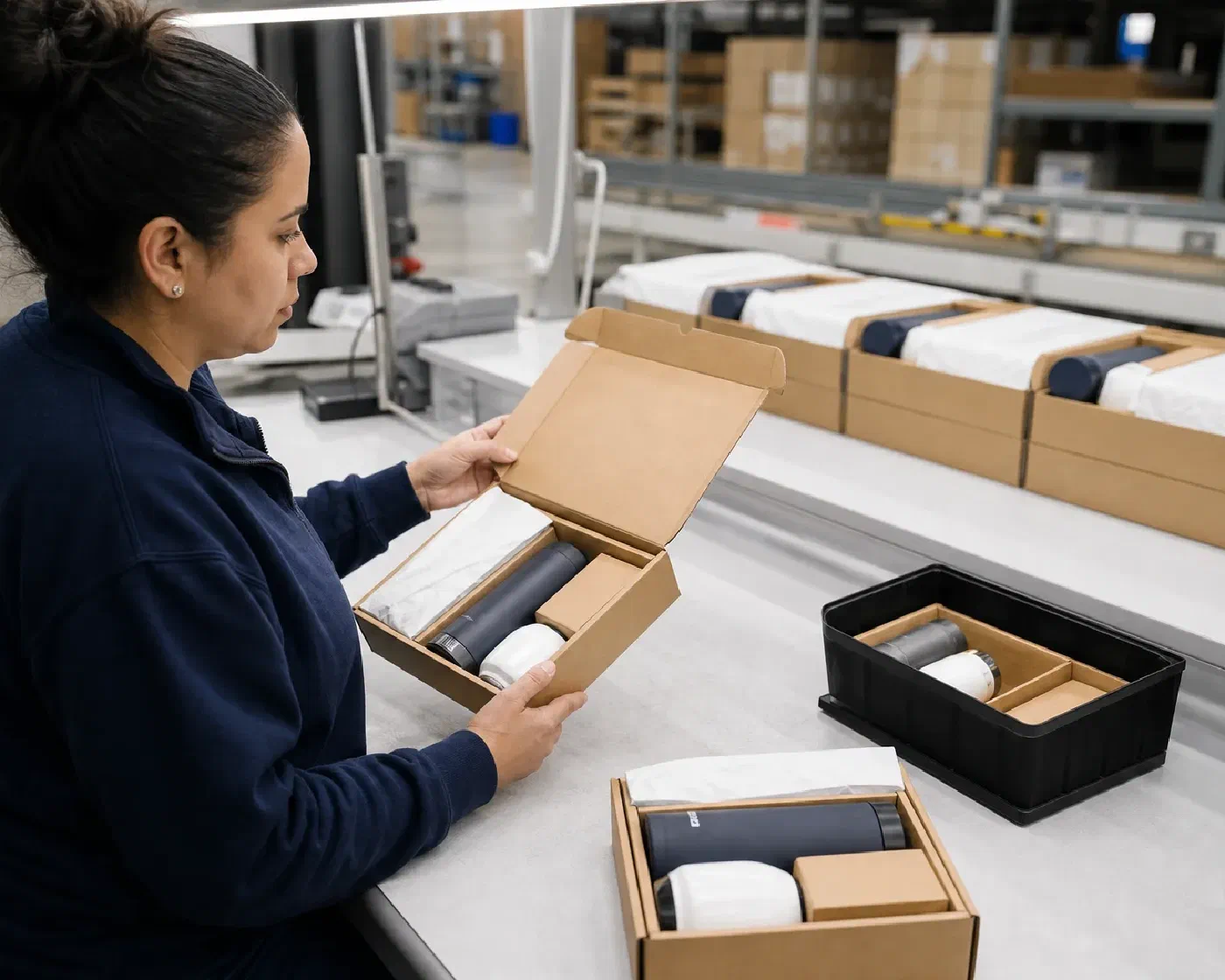 A specialist inspecting a completed product kit at a warehouse quality station