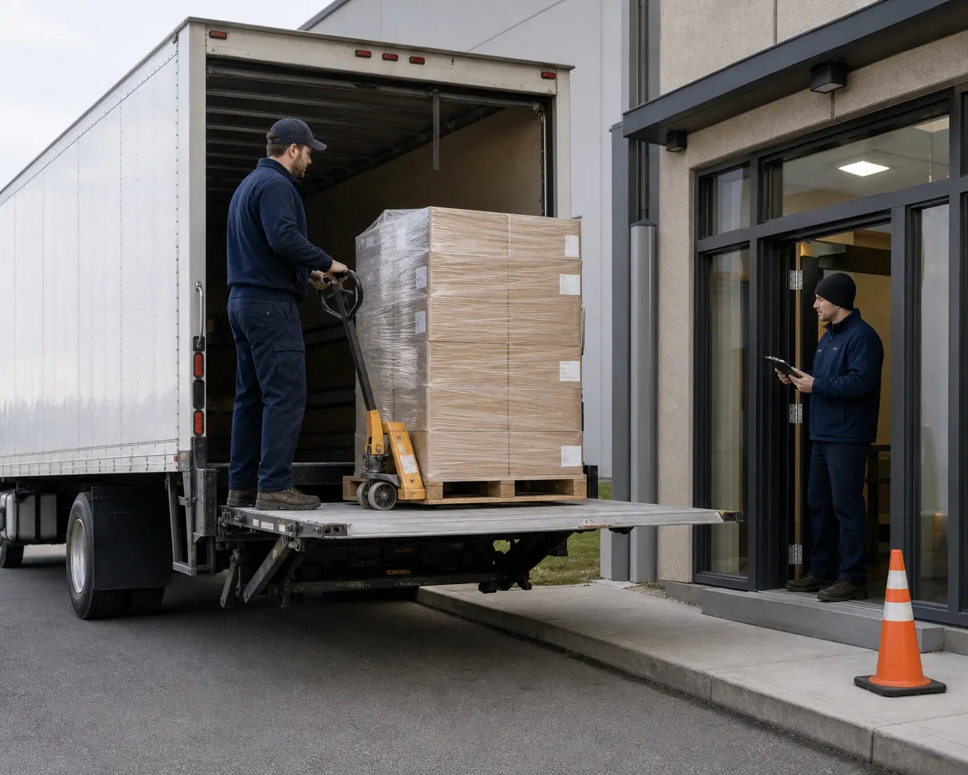 An LTL pallet being delivered by liftgate at a commercial receiving entrance