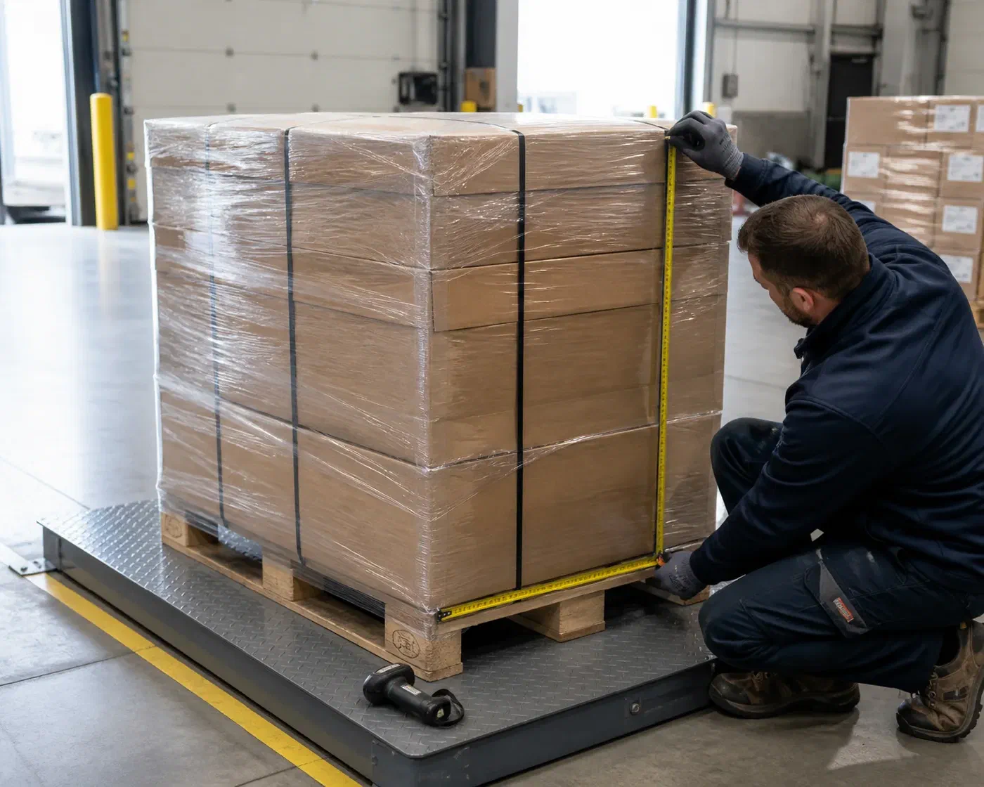 A warehouse specialist measuring secured pallet freight on a floor scale