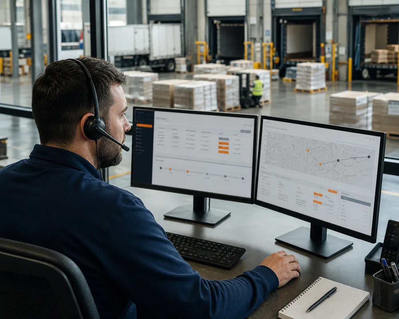 An LTL coordinator monitoring pallet freight across an active cross-dock