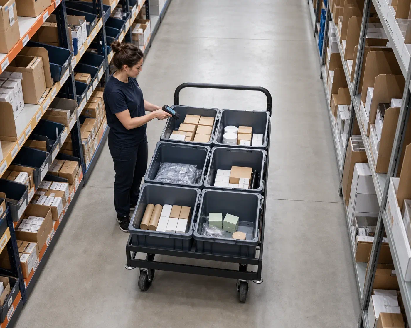 A warehouse specialist picking products with connected inventory data