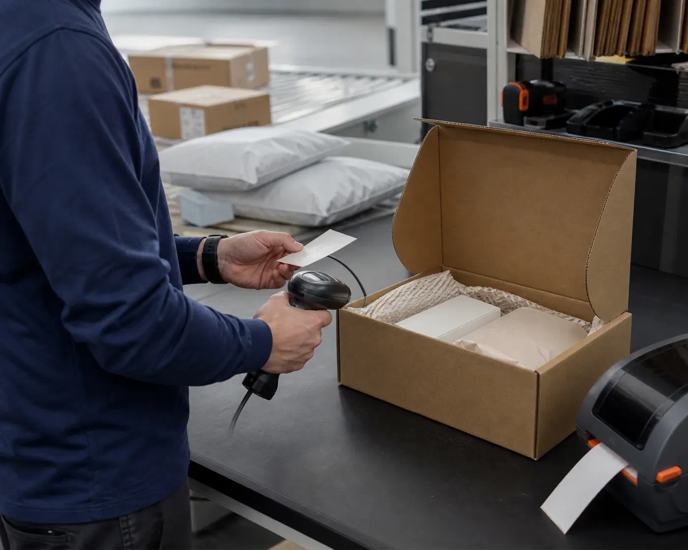 A packer completing final scan verification beside an open right-sized carton