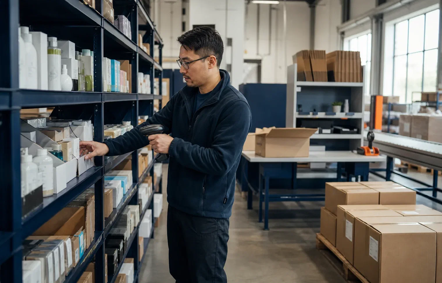 A fulfillment associate scanning an item at the pick face with a packing station beyond