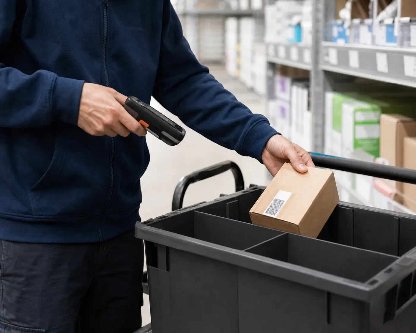 An associate scanning a product into a divided order-picking tote