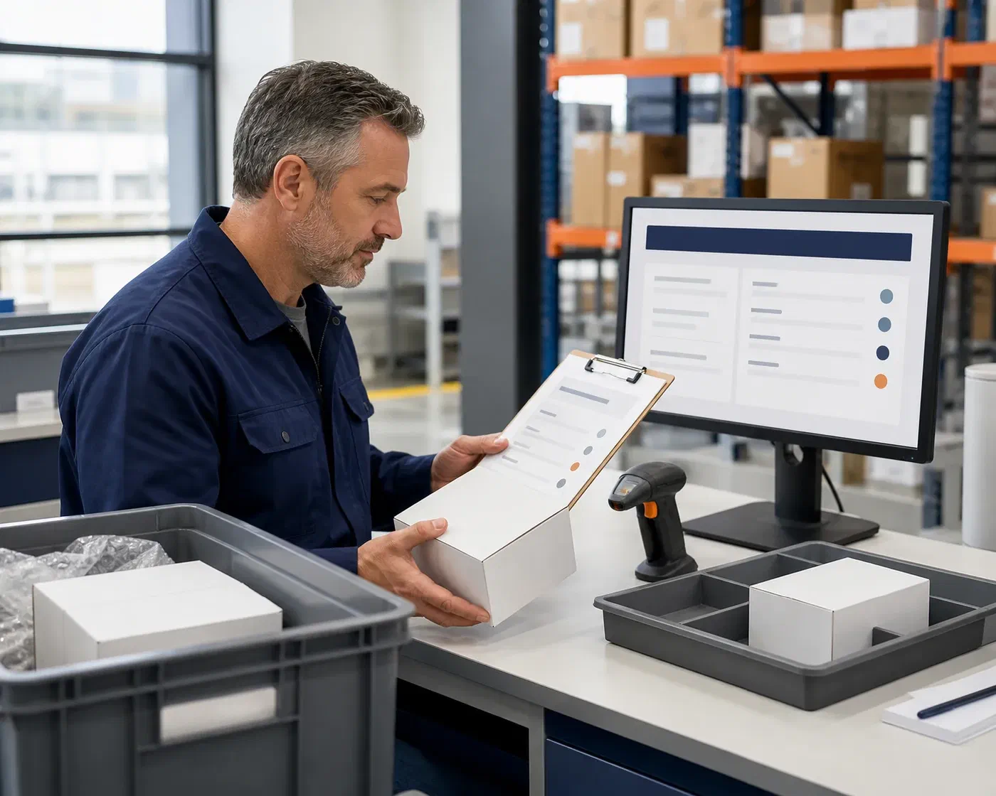 A logistics coordinator reconciling returned healthcare cartons against a current status record