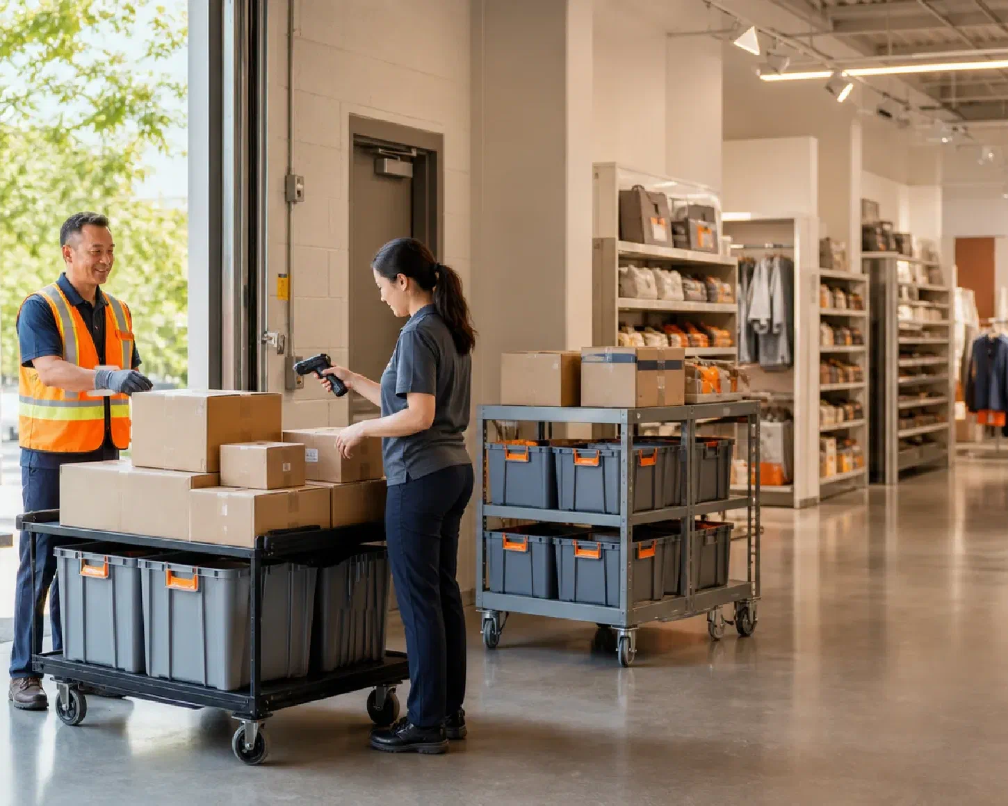 A scheduled retail replenishment delivery being received and verified