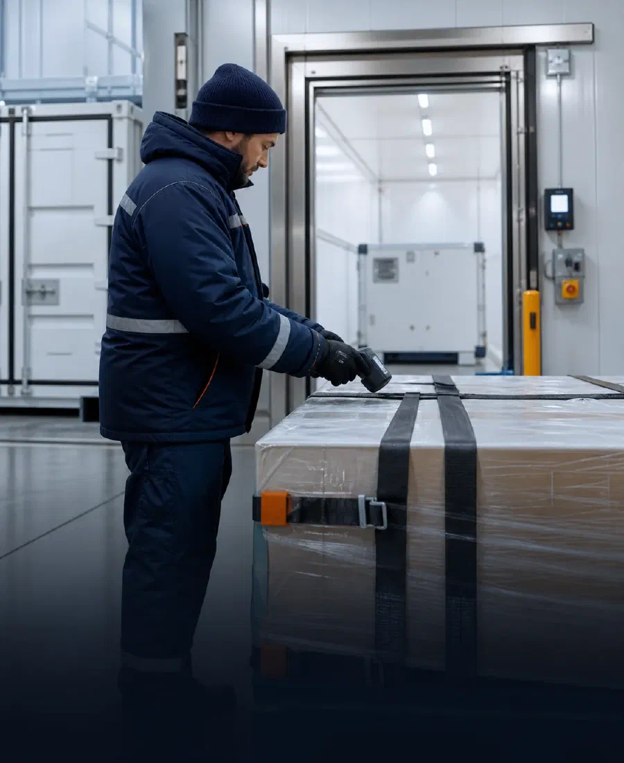 A cold-chain specialist verifying a sealed temperature-sensitive shipment